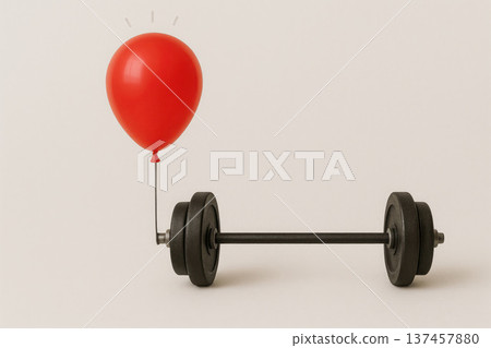 A red balloon pulls a heavy barbell behind it. Space for text. A red balloon pulls a heavy barbell behind it. Space for text. 137457880