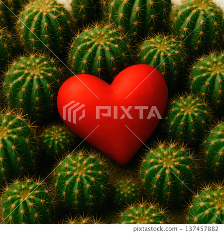 A red heart among green cacti. 137457882