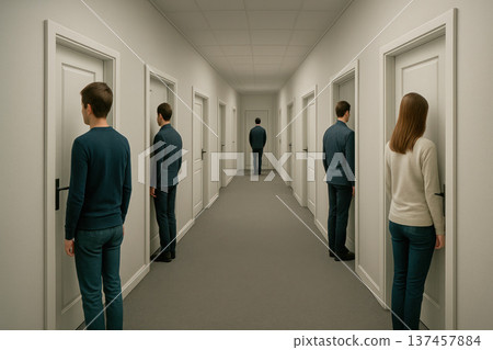 People standing along the corridor in front of closed doors. People standing along the corridor in front of closed doors. 137457884