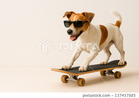 Dog in sunglasses riding a skateboard. Space for text. 137457885