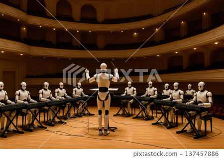 Robots playing synthesizers under the direction of a conductor. 137457886