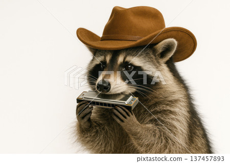 A raccoon in a cowboy hat plays the harmonica. Space for text. A raccoon in a cowboy hat plays the harmonica. Space for text. 137457893