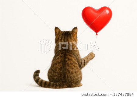 The cat is holding a red balloon in the shape of a heart. Space for text. 137457894