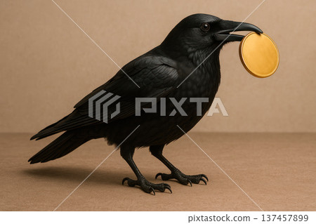 A black raven holds a gold coin in its beak. A black raven holds a gold coin in its beak. 137457899