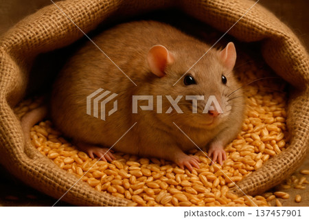 A rat sits in a sack of grain. 137457901