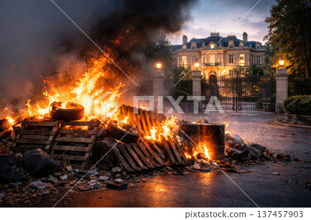 Burning barricades of garbage in front of a luxurious mansion. 137457903