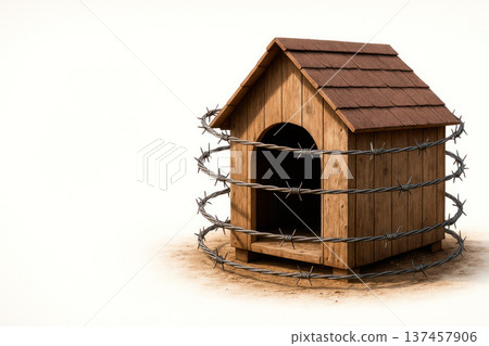 A dog kennel surrounded by barbed wire. Space for text. 137457906