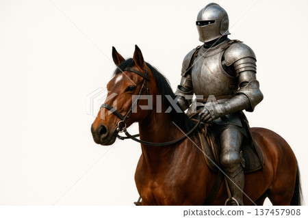 A knight in armor rides a horse. Space for text. 137457908