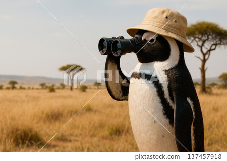 Penguin in a hat with binoculars. Penguin in a hat with binoculars. 137457918