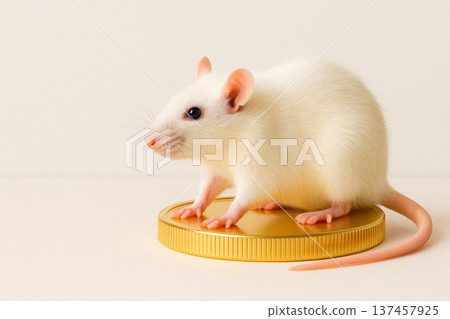 A white rat sits on a gold coin. Space for text. A white rat sits on a gold coin. Space for text. 137457925