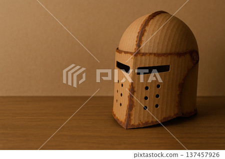 Knight's helmet made of corrugated cardboard. Space for text. 137457926