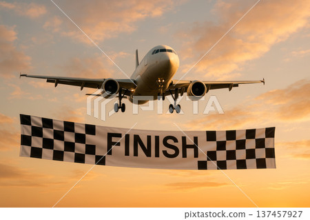 The plane crosses the finish line in the sky. The plane crosses the finish line in the sky. 137457927