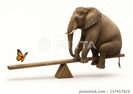 Elephant and butterfly on scales on a light background. 137457928