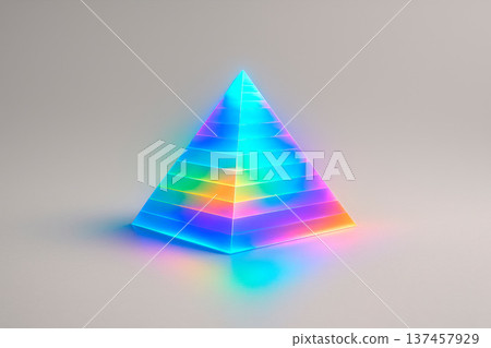 Neon pyramid with rainbow glow on a gray background. 137457929