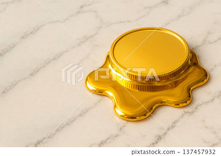 A gold coin spreading on the surface. Space for text. A gold coin spreading on the surface. Space for text. 137457932