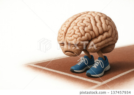 A tired brain in sneakers stands at the start of the treadmill. Space for text. A tired brain in sneakers stands at the start of the treadmill. Space for text. 137457934