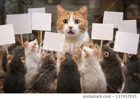A cat surrounded by mice with empty protest posters. 137457935