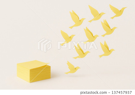 Stickers turn into yellow paper birds. Space for text. 137457937