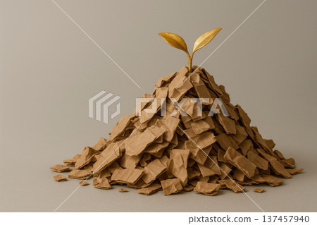A golden plant on a pile of paper scraps. Space for text. A golden plant on a pile of paper scraps. Space for text. 137457940