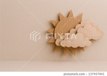 Cardboard sun and clouds on a clear background. Space for text. Cardboard sun and clouds on a clear background. Space for text. 137457941