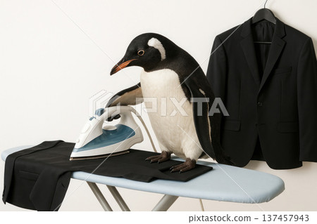 Penguin ironing a suit before a date. Penguin ironing a suit before a date. 137457943