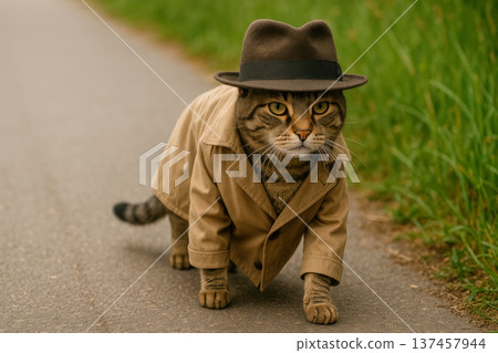 A cat in a coat and a hat on the road. A cat in a coat and a hat on the road. 137457944