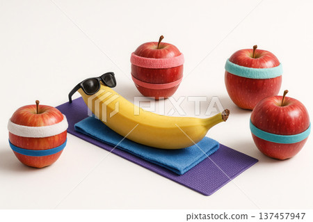 Banana with glasses on the beach among sports apples. Space for text. Banana with glasses on the beach among sports apples. Space for text. 137457947