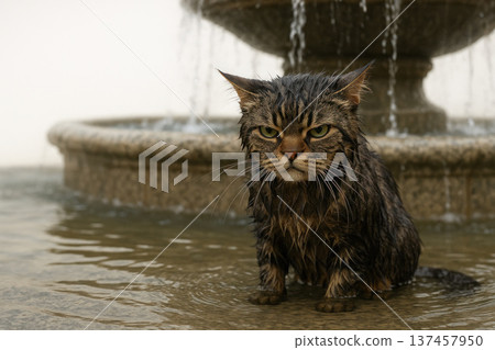 An angry wet cat is sitting by the fountain. An angry wet cat is sitting by the fountain. 137457950