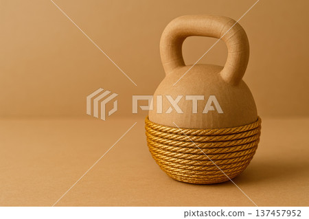 Cardboard kettlebell with a golden rope. Space for text. Cardboard kettlebell with a golden rope. Space for text. 137457952