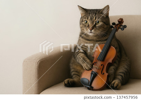 Sitting cat with a small violin in its paws. Space for text. Sitting cat with a small violin in its paws. Space for text. 137457956