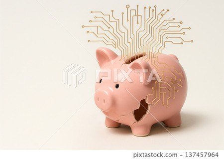A pink broken piggy bank with golden digital diagrams coming out of the top. Space for text. 137457964