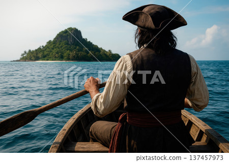 A pirate rows a boat to a tropical island. 137457973