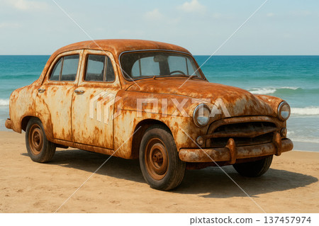 A rusty car on the seashore. 137457974