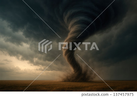 A powerful tornado over the plain during a thunderstorm. A powerful tornado over the plain during a thunderstorm. 137457975