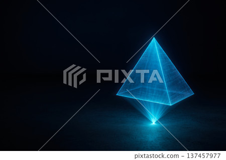 A blue holographic pyramid hovering in the dark. Space for text. A blue holographic pyramid hovering in the dark. Space for text. 137457977