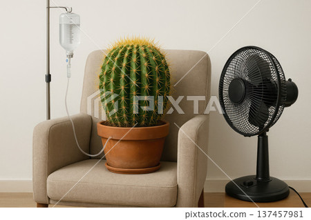 Cactus on a chair with a dropper and a fan. Cactus on a chair with a dropper and a fan. 137457981