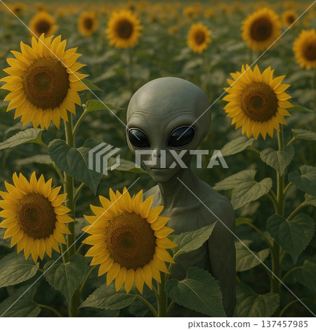 An alien stands among sunflowers at sunset. An alien stands among sunflowers at sunset. 137457985