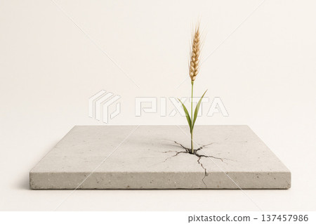 An ear of wheat making its way through a cracked concrete slab. Space for text. An ear of wheat making its way through a cracked concrete slab. Space for text. 137457986
