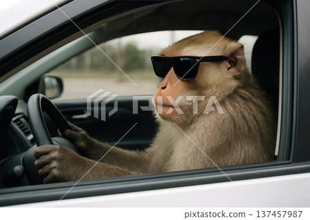Monkey in sunglasses driving a car. Monkey in sunglasses driving a car. 137457987