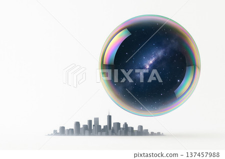 A soap bubble with a galaxy above the silhouette of the city. Space for text. A soap bubble with a galaxy above the silhouette of the city. Space for text. 137457988
