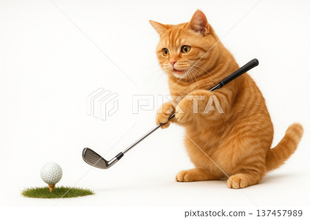 A ginger cat plays golf while holding a club with his paws. A ginger cat plays golf while holding a club with his paws. 137457989