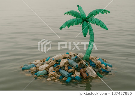 A small island of garbage and a plastic palm tree in the ocean. Space for text. A small island of garbage and a plastic palm tree in the ocean. Space for text. 137457990