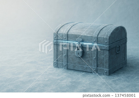 A closed frost chest with a lock in an icy space. Space for text. A closed frost chest with a lock in an icy space. Space for text. 137458001