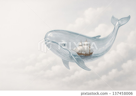 A whale with the image of a sailboat inside its body among the clouds. Space for text. A whale with the image of a sailboat inside its body among the clouds. Space for text. 137458006