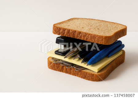 A sandwich made of stationery on a light background. Space for text. A sandwich made of stationery on a light background. Space for text. 137458007