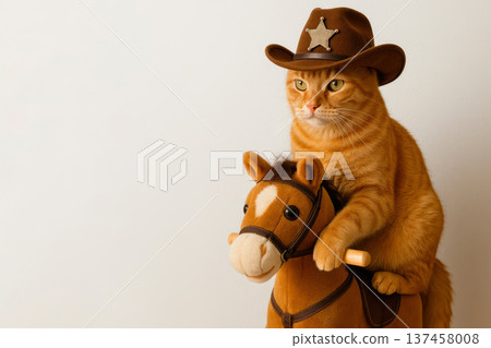 A ginger cowboy cat in a hat sits on a toy horse. Space for text. A ginger cowboy cat in a hat sits on a toy horse. Space for text. 137458008