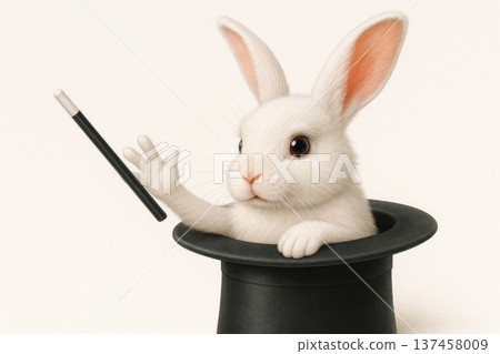 A white rabbit wearing a magician's hat with a magic wand. Space for text. 137458009
