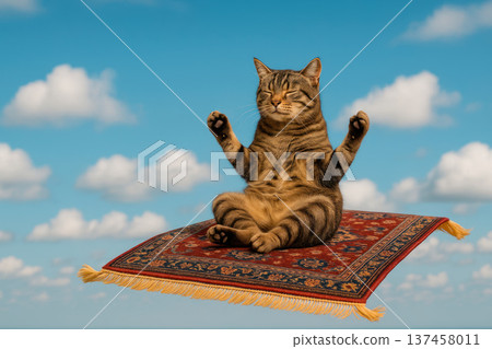 A cat in a meditation pose hovering on a magic carpet. Space for text. A cat in a meditation pose hovering on a magic carpet. Space for text. 137458011