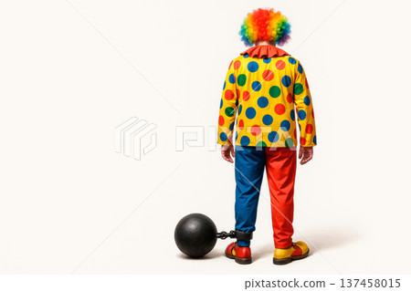 A clown with a kettlebell on his leg stands with his back. Space for text. A clown with a kettlebell on his leg stands with his back. Space for text. 137458015