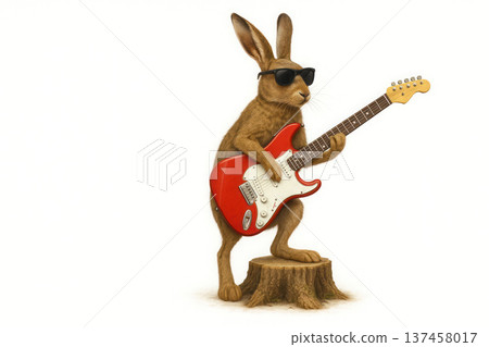 A rabbit with glasses playing an electric guitar. Space for text. A rabbit with glasses playing an electric guitar. Space for text. 137458017